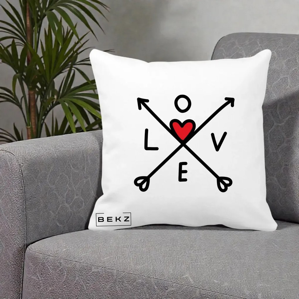 Perna Decorativa Love cu Sageti Incrucisate si Inima Rosie, 40x40 cm, Alba Mata, Husa Detasabila, Perna Inclusa, BEKZ®