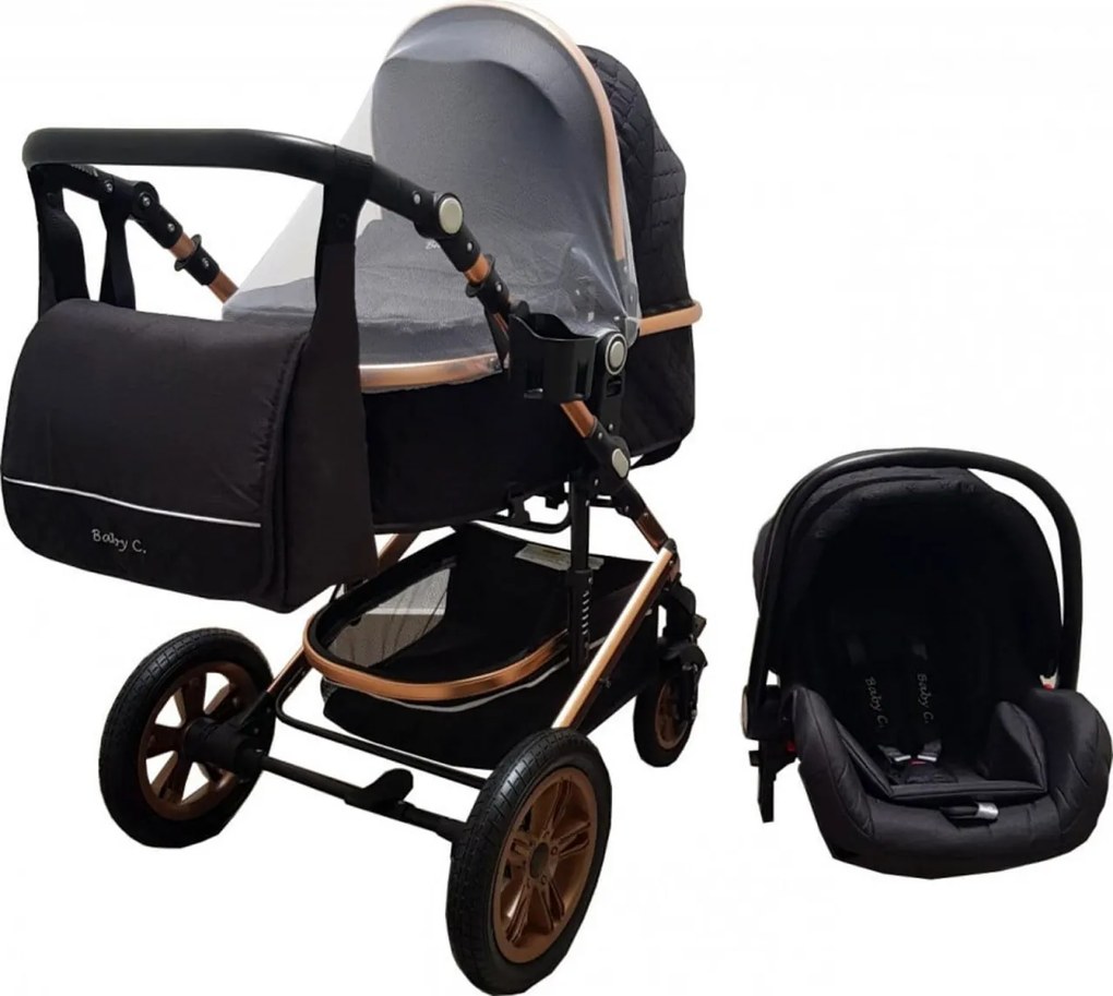 Carucior nou nascuti 3 in 1 Baby Care™ PRO 530 ,Cu geanta bebe, Cadru Aluminiu Gold, Amortizoare, Roti din cauciuc plin AVE, Landou, Scoica auto,