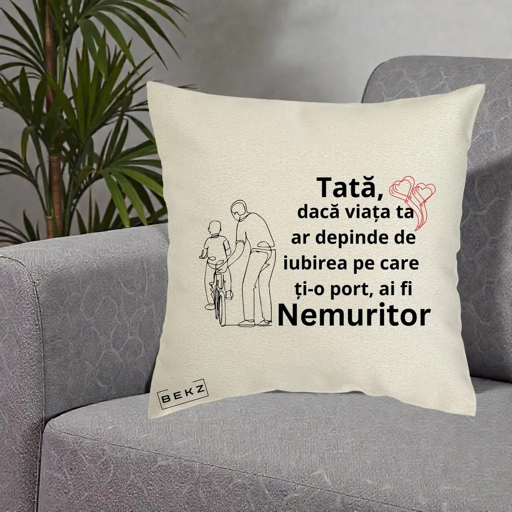 Cadou pentru Tata - Perna Personalizata Tata Nemuritor Bicicleta, 40x40 cm, Ecru, Husa Detasabila, Perna Inclusa, BEKZ®