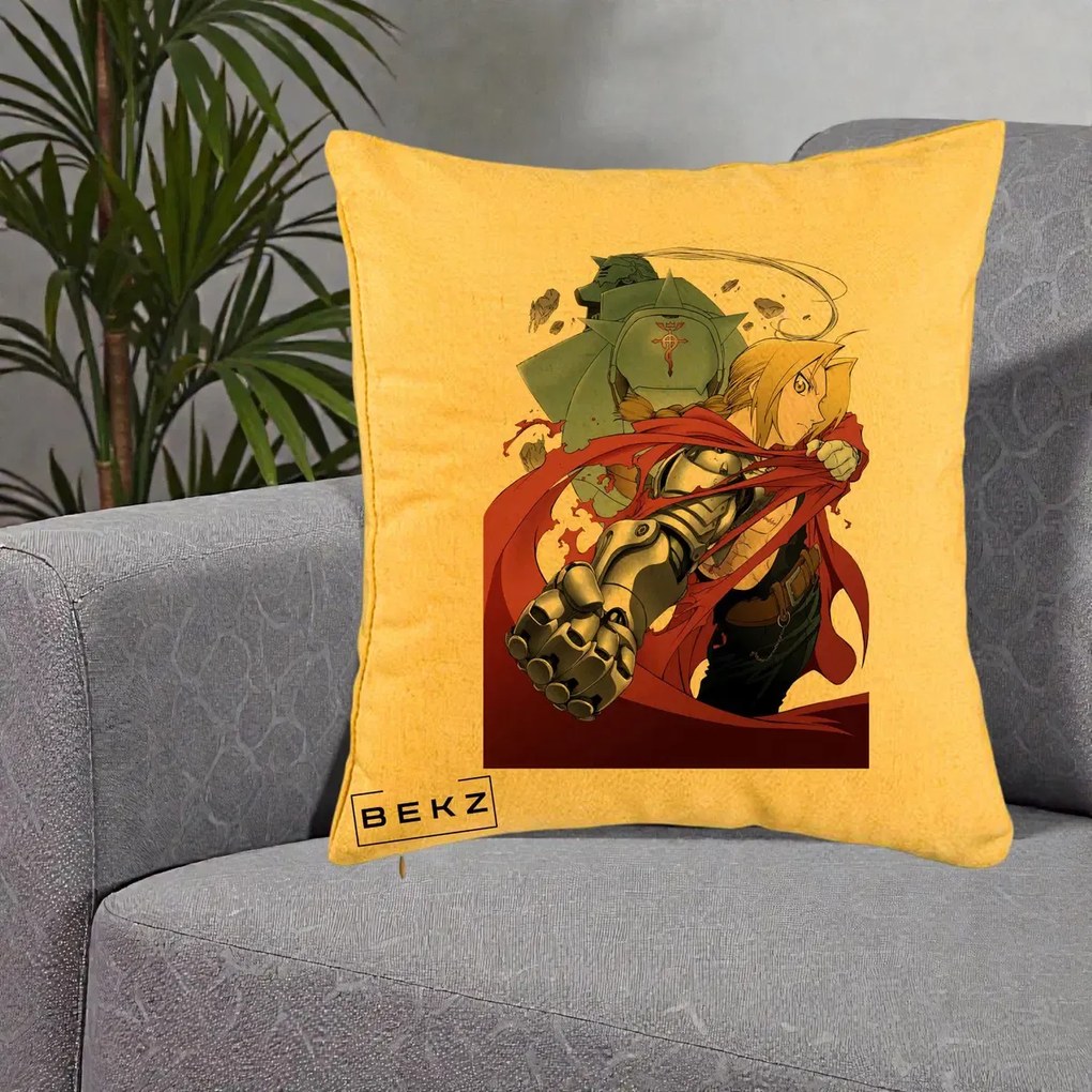 Perna Personalizata Fullmetal Alchemist Brotherhood Edward si Al Poster, 40x40 cm, Galben, Husa Detasabila, Perna Inclusa, BEKZ®
