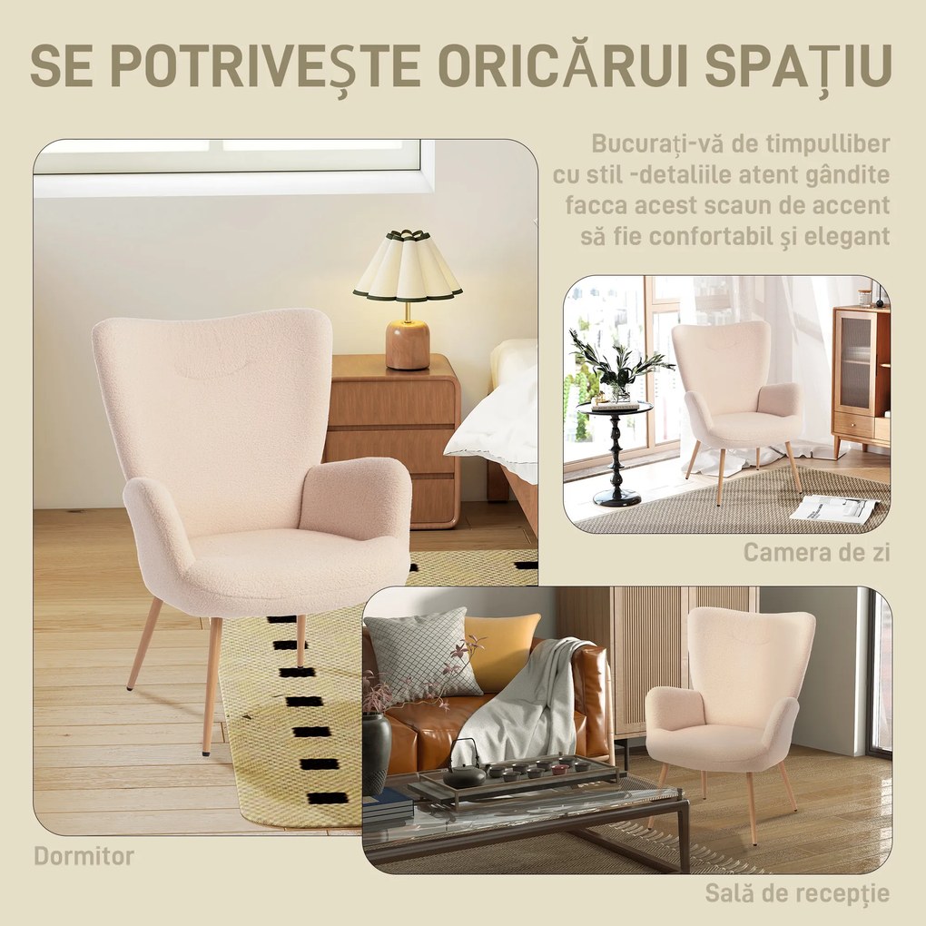HOMCOM Fotoliu Modern Imbottito pentru Sufragerie, Fotoliu pentru Dormitor din Țesătură Sherpa cu Spătar Înalt și Brațe, Fotoliu Relax cu Cadru din Oțel pentru Sufragerie, Bej | Aosom Romania