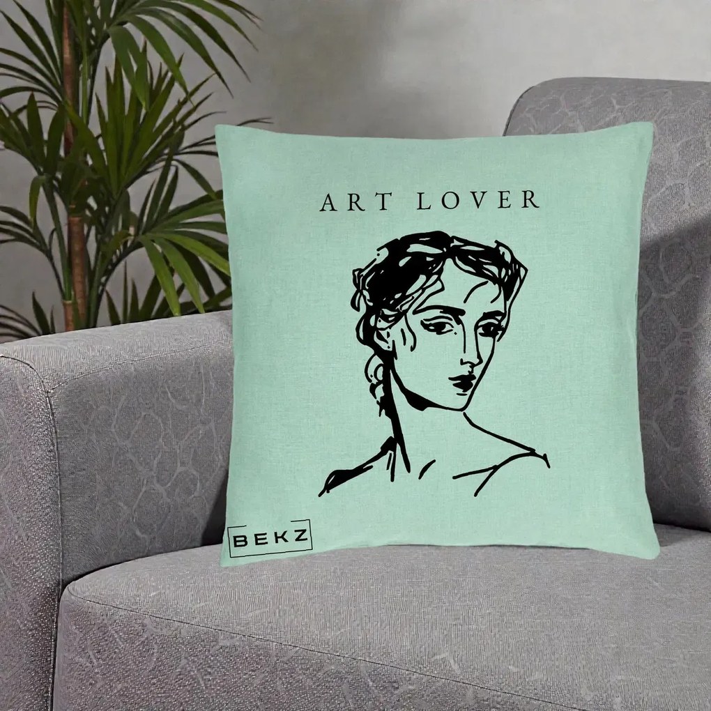 Perna Decorativa Art Lover Portret Grafic, 40x40 cm, Verde Menta, Husa Detasabila, Perna Inclusa, BEKZ®