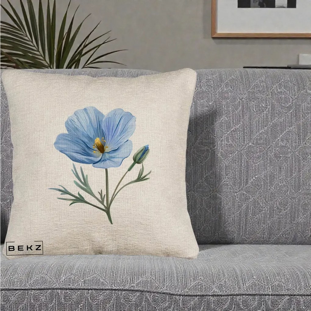 Perna Decorativa Mac Albastru Acuarela, 40x40 cm, Bej Canapea, Husa Detasabila, Perna Inclusa, BEKZ®