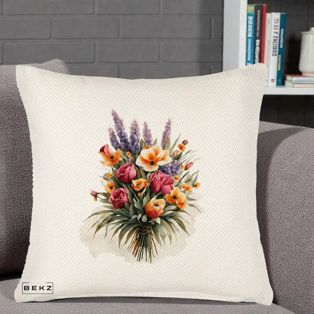 Perna Decorativa Buchet Mixt Acuarela Lavanda-Trandafiri, 40x40 cm, Crem Reliefat, Husa Detasabila, Perna Inclusa, BEKZ®