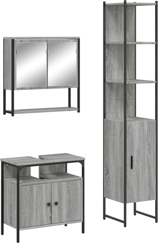 vidaXL Set mobilier de baie, 3 piese, gri sonoma, lemn prelucrat