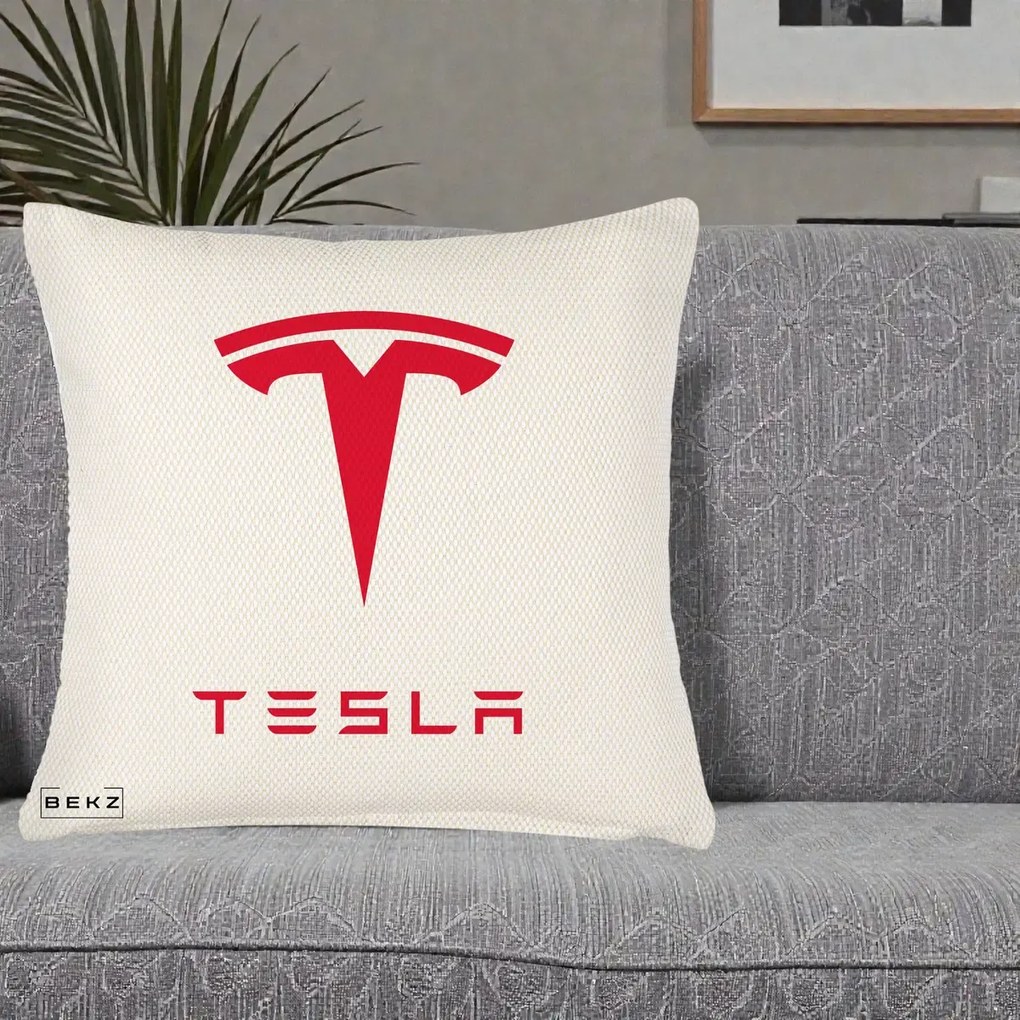 Perna Personalizata cu emblema Tesla, 40x40 cm, Crem Reliefat, Husa Detasabila, Perna Inclusa, BEKZ®
