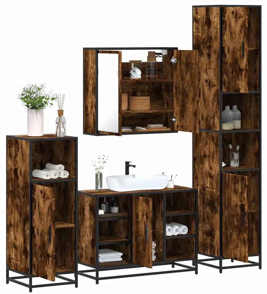 vidaXL Set de mobilier de baie 4 piese Lemn prelucrat de stejar afumat