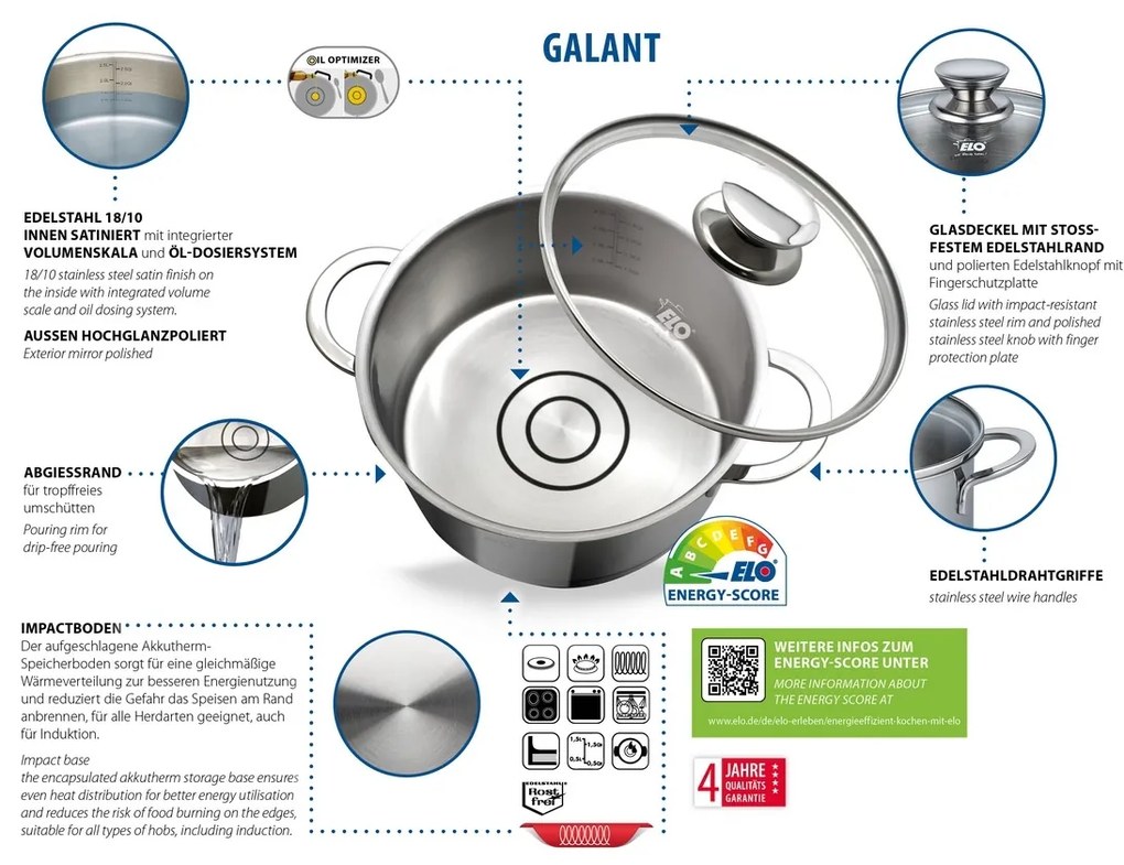 Elo 72540 Oală din oțel inoxidabil Galant 20 cm,2,7 l, 2,7 l