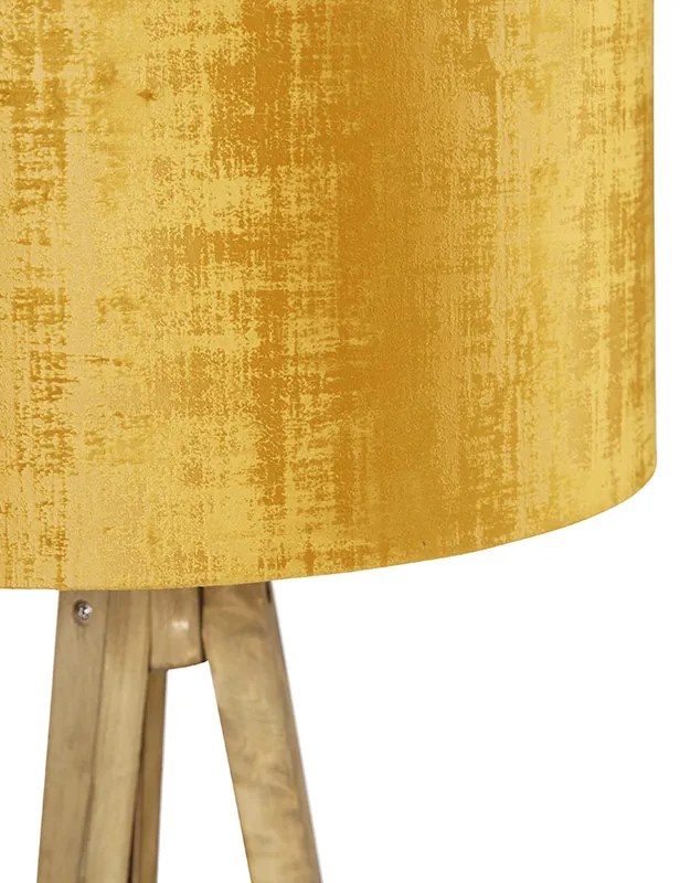 Lampă de podea vintage rustică cu trepied din lemn cu abajur auriu 50 cm - Tripod Classic