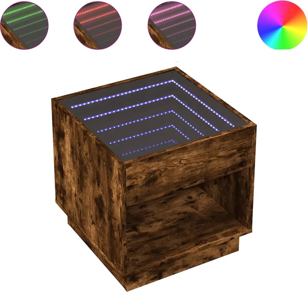 vidaXL Noptieră cu LED infinity, stejar fumuriu, 50x50x50 cm
