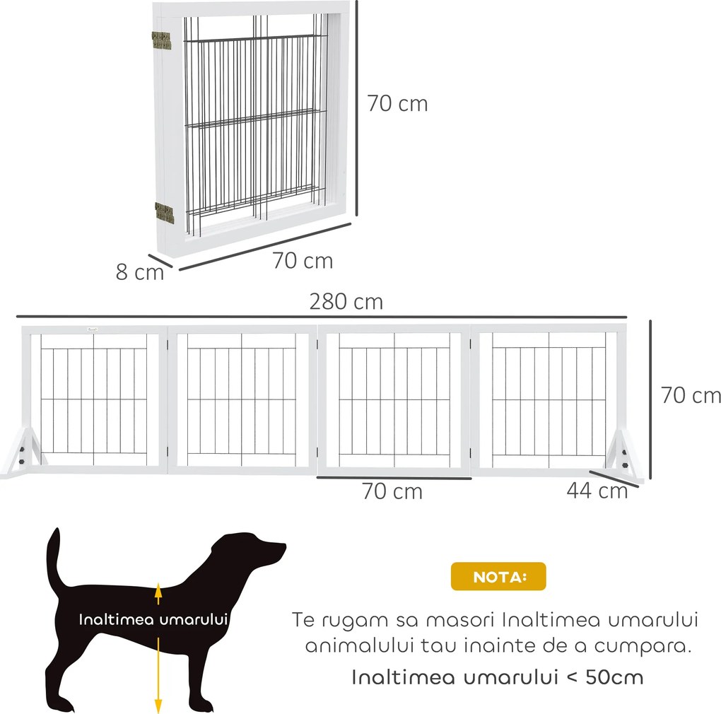PawHut Poartă Pliabilă pentru Câini, Poartă de Siguranță pentru Animale și Căţei cu 4 Panouri și Picioare Triunghiulare, 280x70 cm, Alb | Aosom Romania