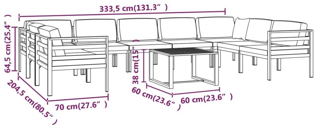 Set mobilier de gradina cu perne, 10 piese, antracit, aluminiu 4x colt + 5x mijloc + masa, 1