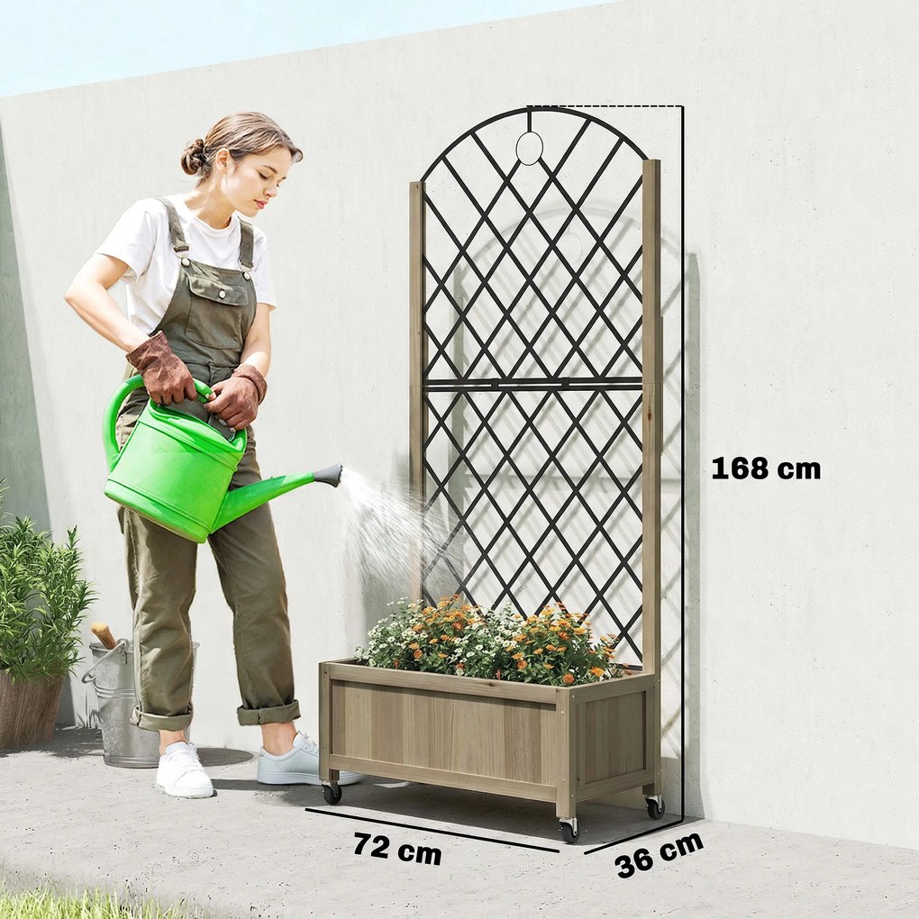 Outsunny Jardinieră din lemn cu grilaj metalic și roți pentru plante cățărătoare Macetero ridicat 72x36x168 cm Carbonizado | Aosom Romania