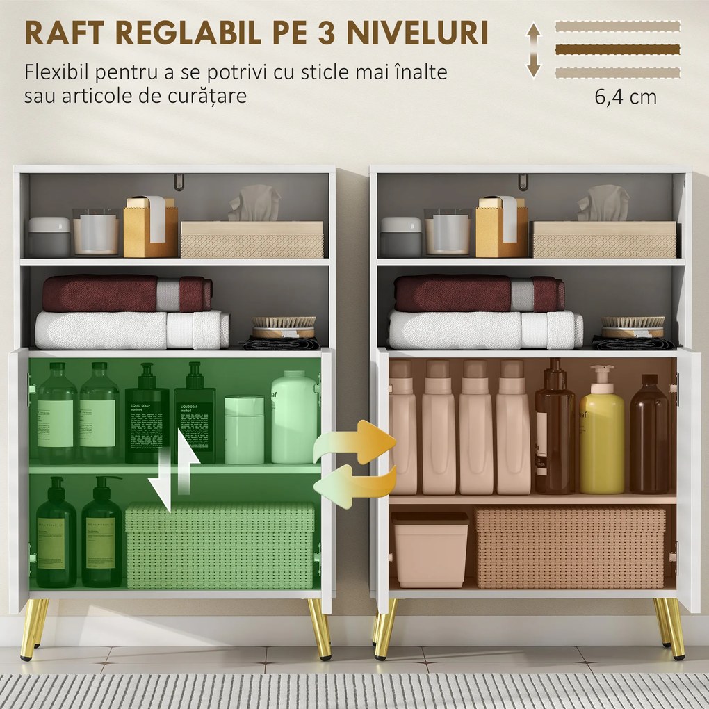 HOMCOM Dulap de Baie cu 2 Rafturi Deschise și Dulap, Dulap Compact cu Uși Amortizate, Raft Reglabil, pentru Bucătărie Living, 60x31.8x93 cm, Alb | Aosom Romania