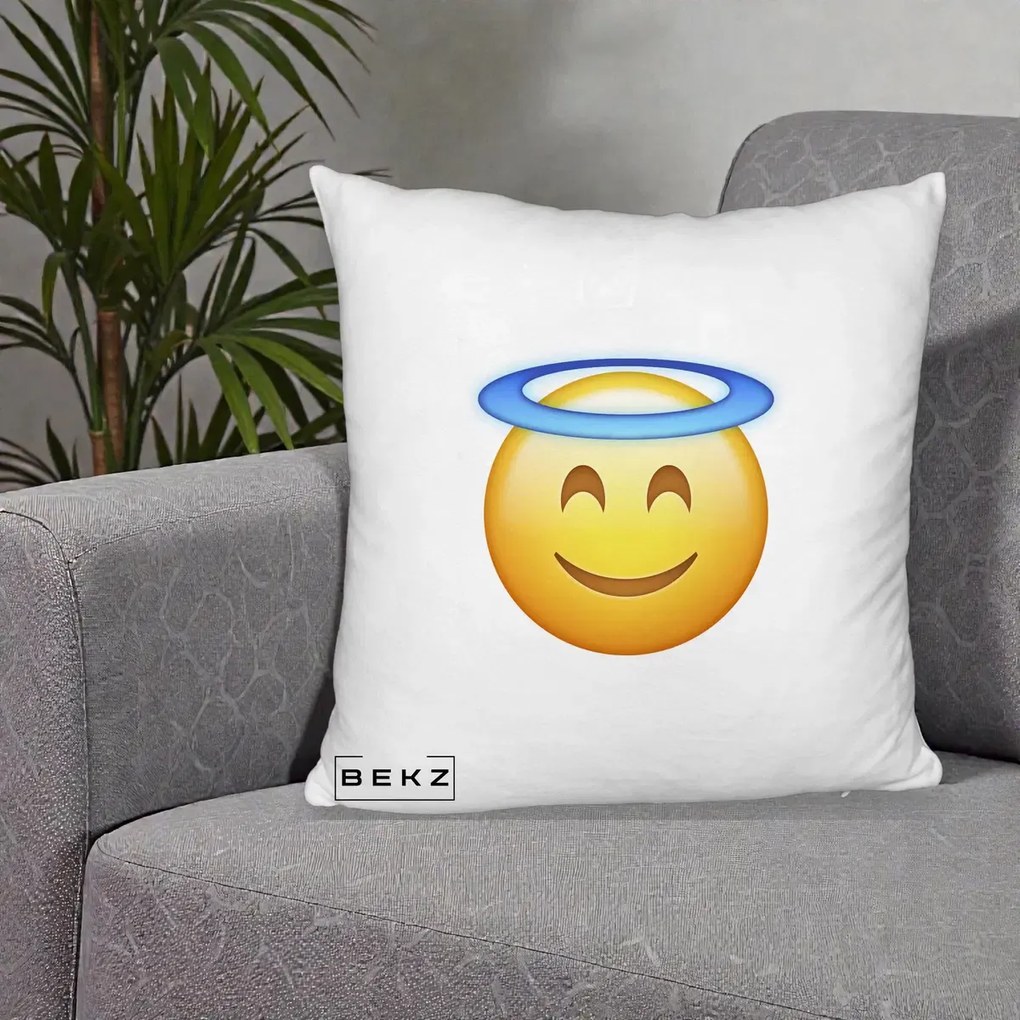 Perna Decorativa Emoji Inger cu Aureola, 40x40 cm, Alb Pufos, Husa Detasabila, Perna Inclusa, BEKZ®