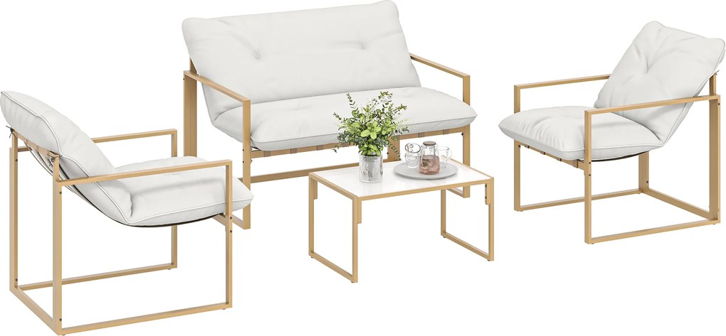 Set mobilier pentru grădină 4 piese Outsunny, set pentru terasă cu masă cu blat din sticlă securizată, canapea, 2 fotolii, Alb | Aosom Romania