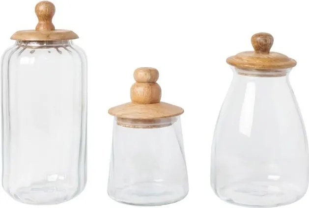 Set 3 borcane din sticlă canelată cu capac din lemn de mango cu mâner sculptat, natur, 12 × 24 cm, „Twisted"