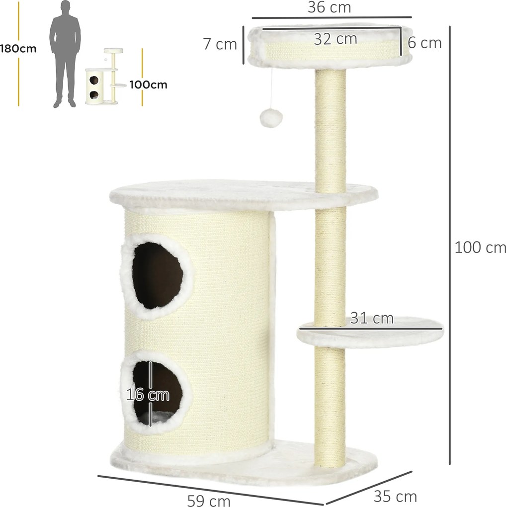 PawHut Ansamblu pentru Pisici 100cm, Stâlp Sisal, Căsuță și Platforme, Crem | Aosom Romania