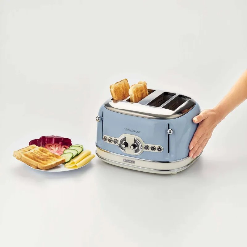 Prajitor de paine Ariete VINTAGE 0156/05, 1600W, 4 felii, 3 functii, 6 trepte, Tava firimituri detasabila, Albastru