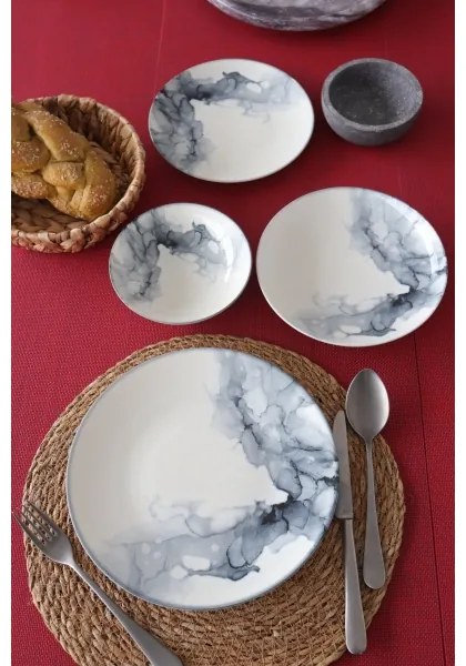 Set de veselă, 24 piese, alb/negru, porțelan