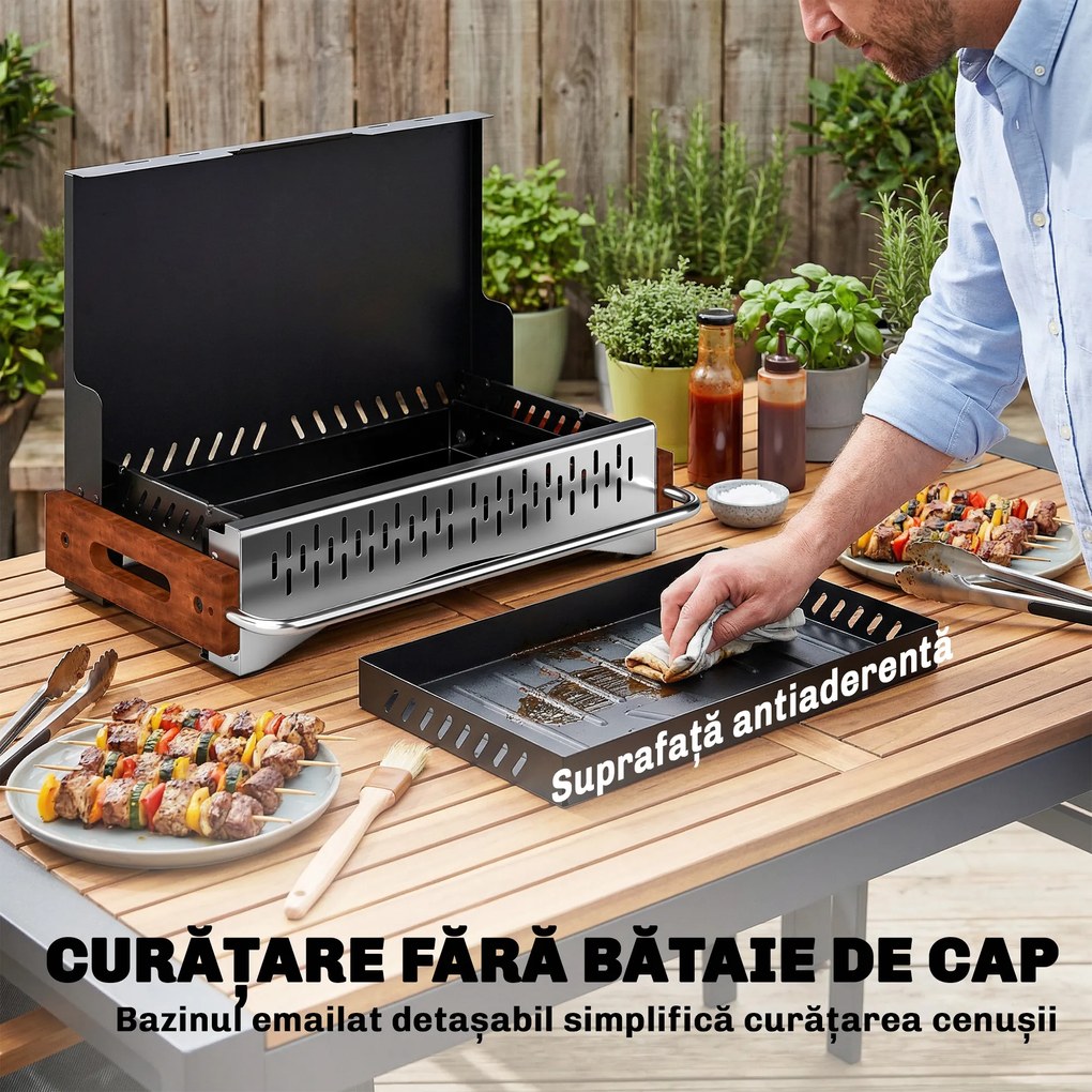 Outsunny Grătar Portabil cu Cărbune, Tava Detașabilă, din Oțel Inoxidabil și Metal, 50,5x34x33 cm, Negru | Aosom Romania