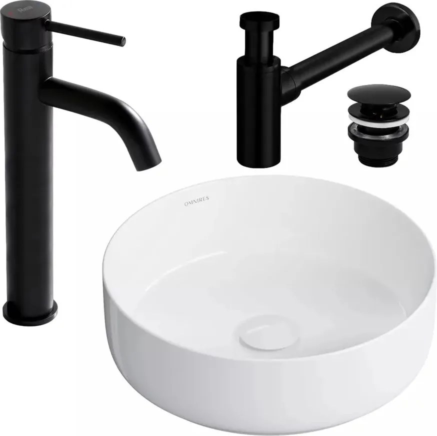 Pachet lavoar pe blat Omnires Tulsa alb 36 cm, baterie lavoar Rea Lungo negru si ventil lavoar Click-Clack negru