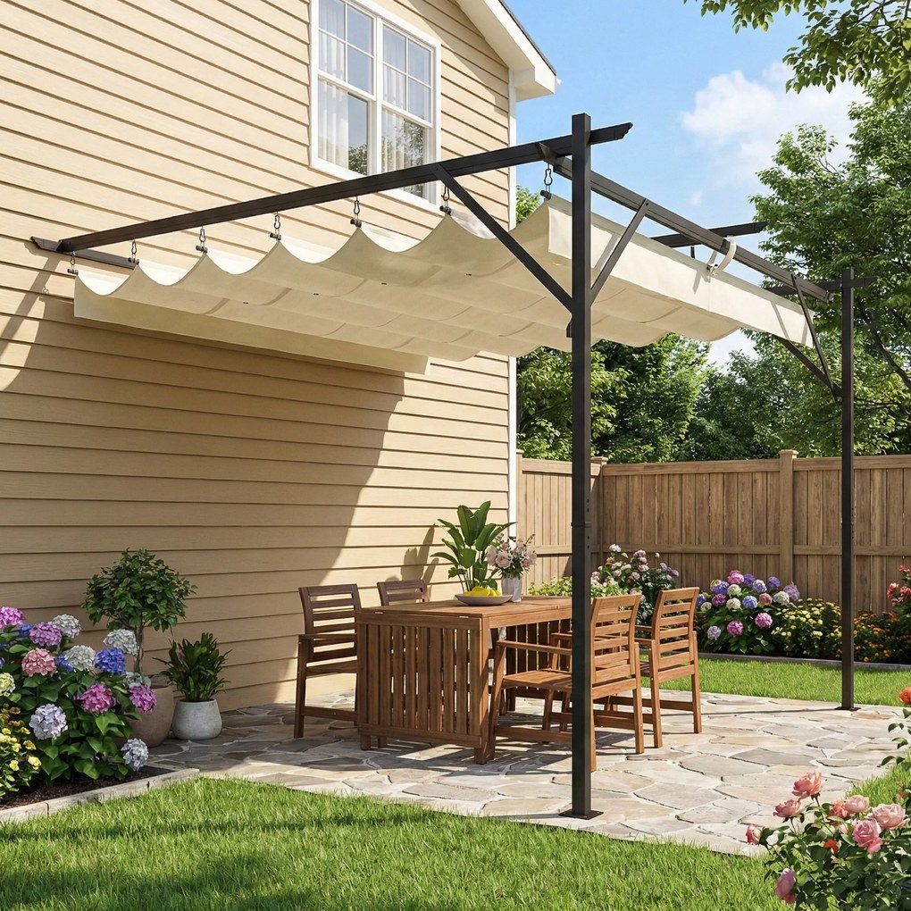 Outsunny Pergolă Adosată 3x3 m cu Acoperiș Retractabil, Orificii de Drenaj, Pergolă de Grădină din Poliester și Oțel, pentru Terasă, Exterior, UV30+, Alb Crem | Aosom Romania