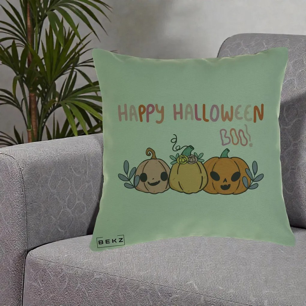 Perna Decorativa Happy Halloween Boo Trei Dovlecei Kawaii, 40x40 cm, Verde, Husa Detasabila, Perna Inclusa, BEKZ®
