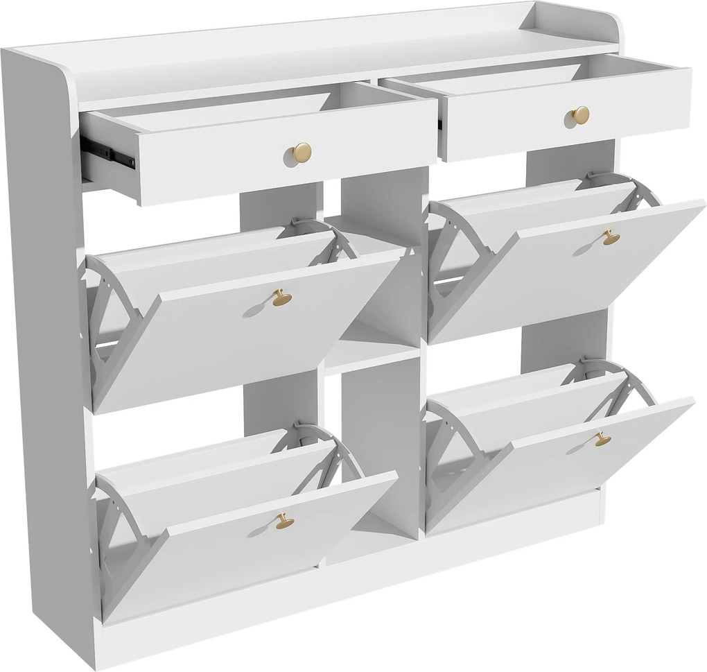 Dulap pentru pantofi cu 4 uși rabatabile, 2 sertare și 3 compartimente deschise, 110x26x100 cm, Alb