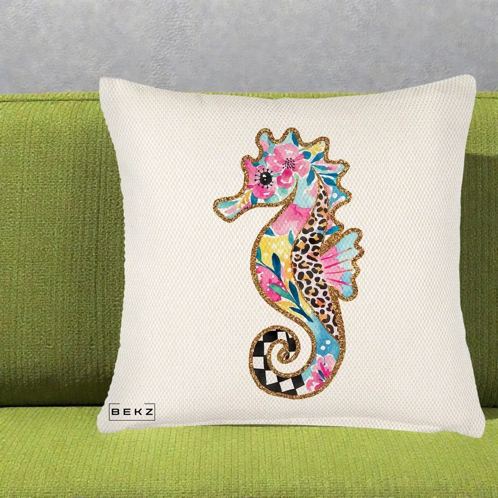 Perna Decorativa Calut de Mare Glitter Tropical, 40x40 cm, Crem Reliefat, Husa Detasabila, Perna Inclusa, BEKZ®