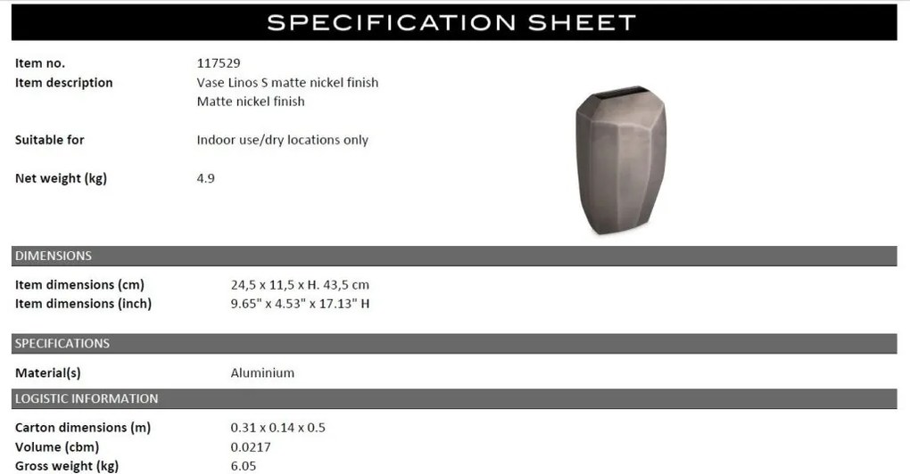 Vaza design LUX Linos S, nickel mat