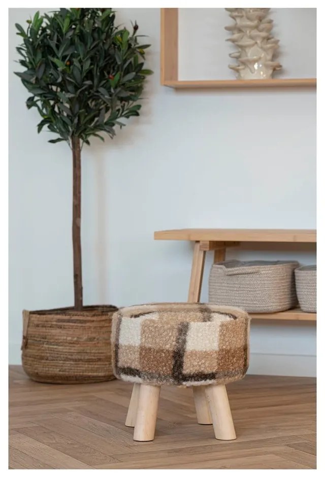 Taburet alb/maro cu tapițerie din țesătură bouclé Aberdeen – House Nordic