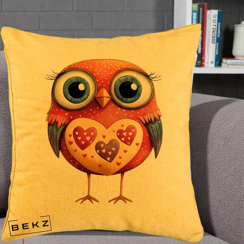 Perna Decorativa Bufnita Rosie cu Inimi Aurii, 40x40 cm, Galben, Husa Detasabila, Perna Inclusa, BEKZ®