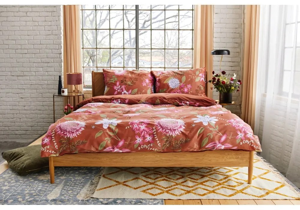 Lenjerie de pat din bumbac satinat pentru pat single Bonami Selection Blossom, 140 x 220 cm, maro teracotă