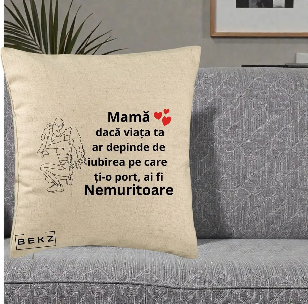 Cadou pentru Mama - Perna Personalizata Mama Nemuritoare Portret Graphic, 40x40 cm, Bej, Husa Detasabila, Perna Inclusa, BEKZ®