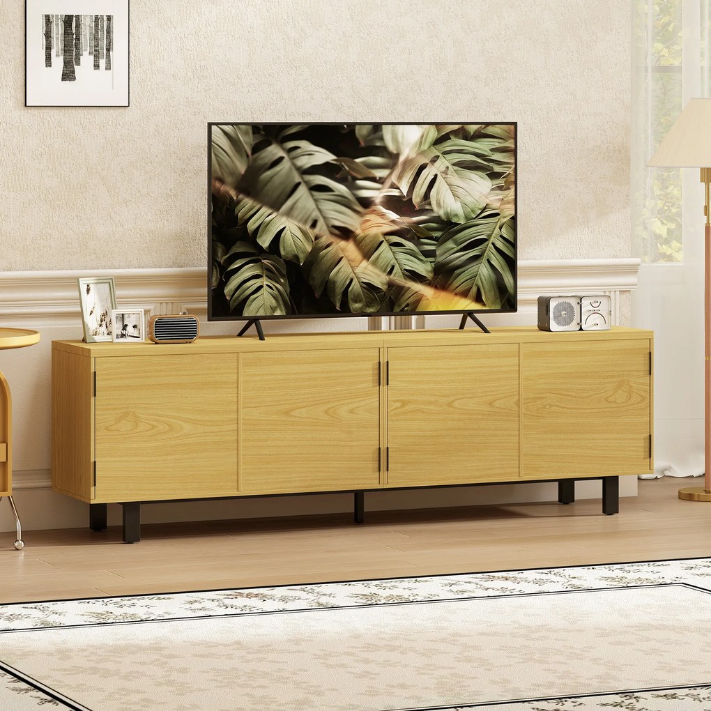 HOMCOM Comodă TV 180 cm, pentru televizoare de 208,3 cm, cu 4 uși cu deschidere prin apăsare 180x35x55,5cm lemn natural | Aosom Romania