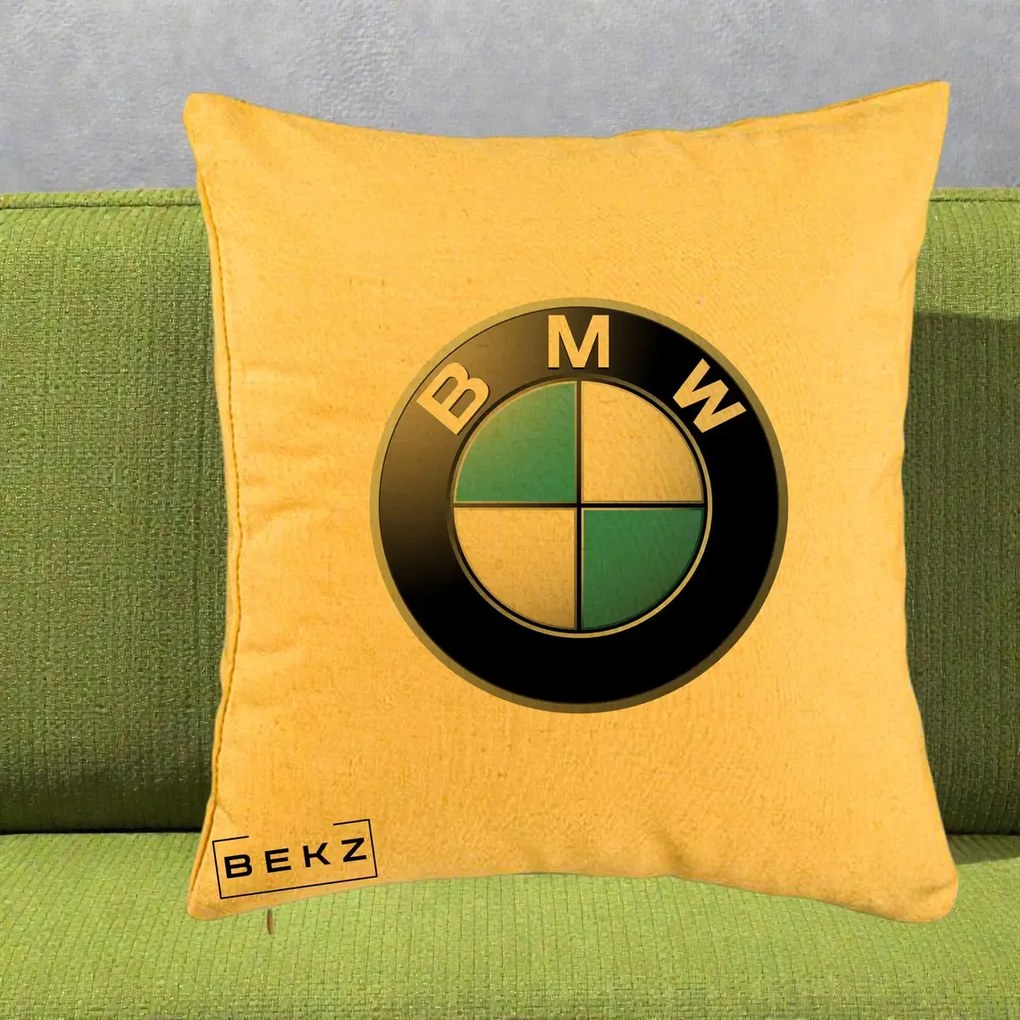 Perna Personalizata cu emblema BMW, 40x40 cm, Galben, Husa Detasabila, Perna Inclusa, BEKZ®