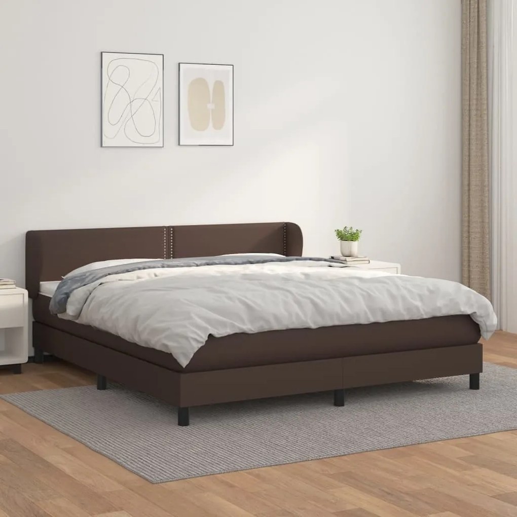 Pat box spring cu saltea, maro, 160x200 cm, piele ecologica Maro, 160 x 200 cm, Culoare unica si cuie de tapiterie