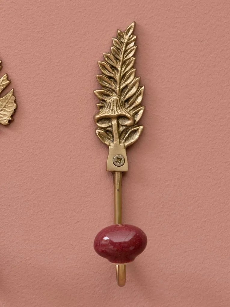 Set 3 cuiere de perete din metal și ceramică, auriu și bordo, frunze sculptate și sferă din ceramică, finisaj lucios, 15,5 x 4 cm, „Feuilles”