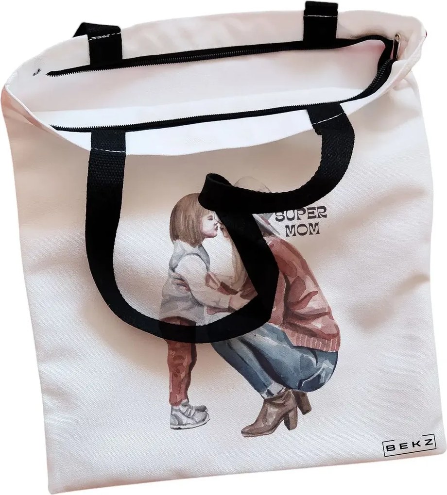 Sacosa de Panza pentru Cumparaturi, Geanta Tote, model Super Mom 4, Cu fermoar, 38x34.5 cm, Alba, BEKZ®