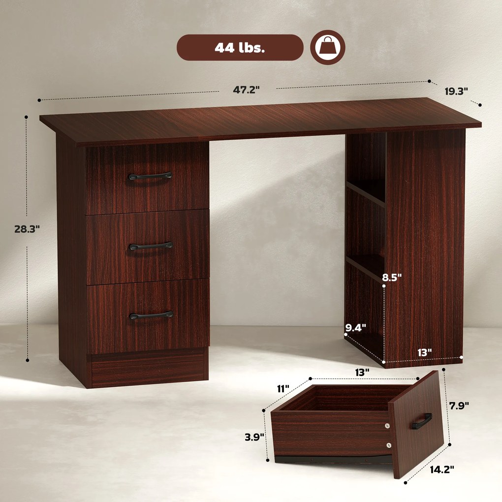 Birou cu 3 sertare si 3 rafturi reversibile, birou din lemn de 120 cm, culoare nuc HOMCOM | Aosom Romania
