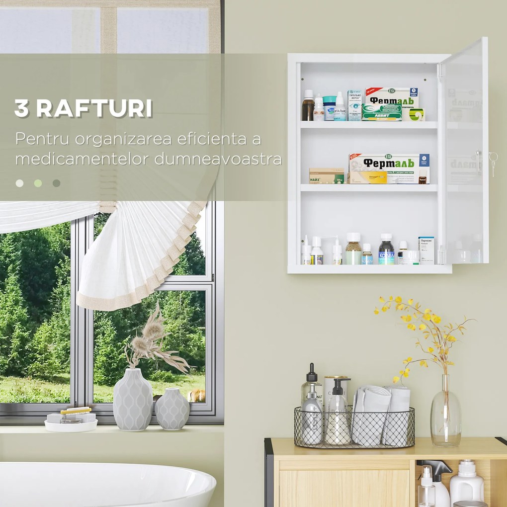 Kleankin Dulap pentru Medicamente cu 3 Rafturi și Încuietoare din Oțel cu 2 Chei, Alb | Aosom Romania