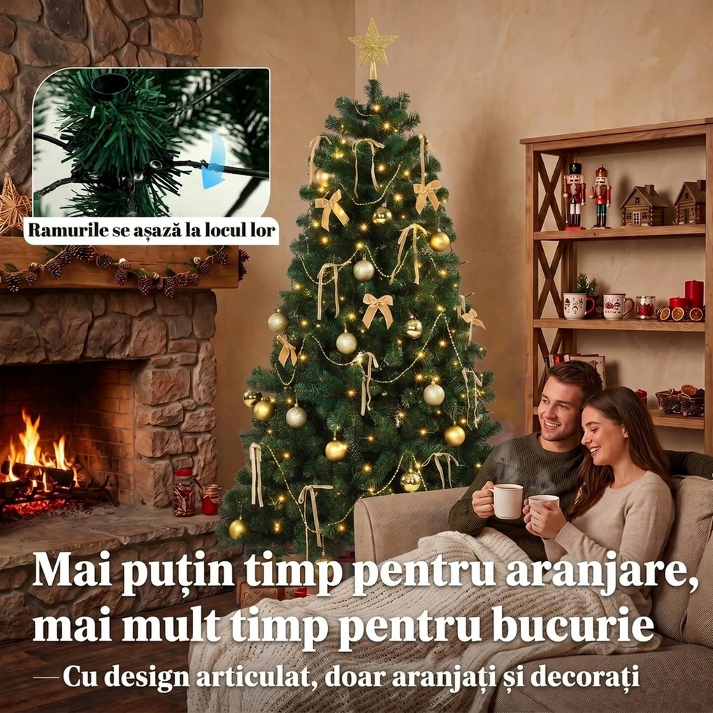 HOMCOM Brad de Crăciun Artificial 180 cm cu 240 LED-uri, 755 Ramuri din PVC, Stea, Globuri, Funde, Verde | Aosom Romania