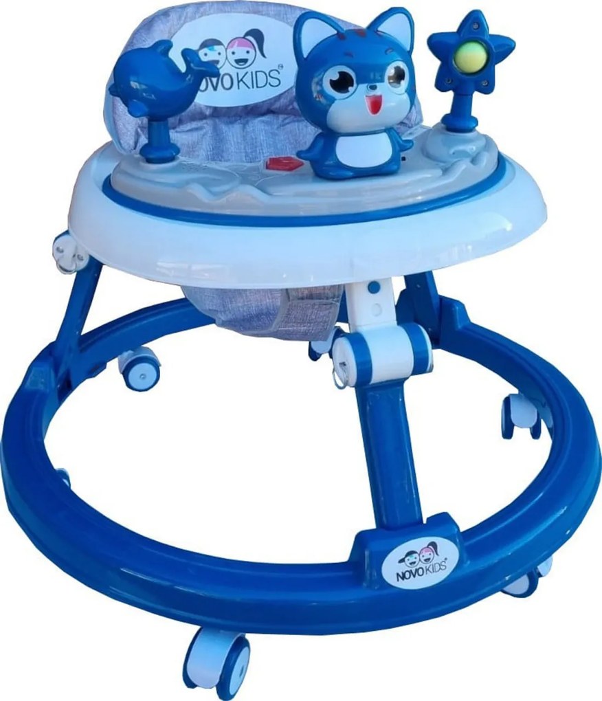 Premergator reglabil in 6 trepte de inaltime NOVOKIDS™ Happy Kitty, Cu melodii, Pliabil, Max 20 kg, Roti silentioase, Model Pisicuta, Albastru