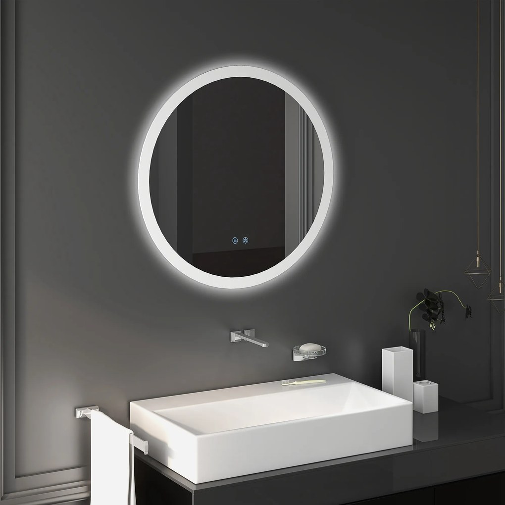 Kleankin Oglindă Rotundă LED pentru Baie, Reglabilă, 3 Temperaturi de Culoare, Anti-Ceță, 70cm | Aosom Romania
