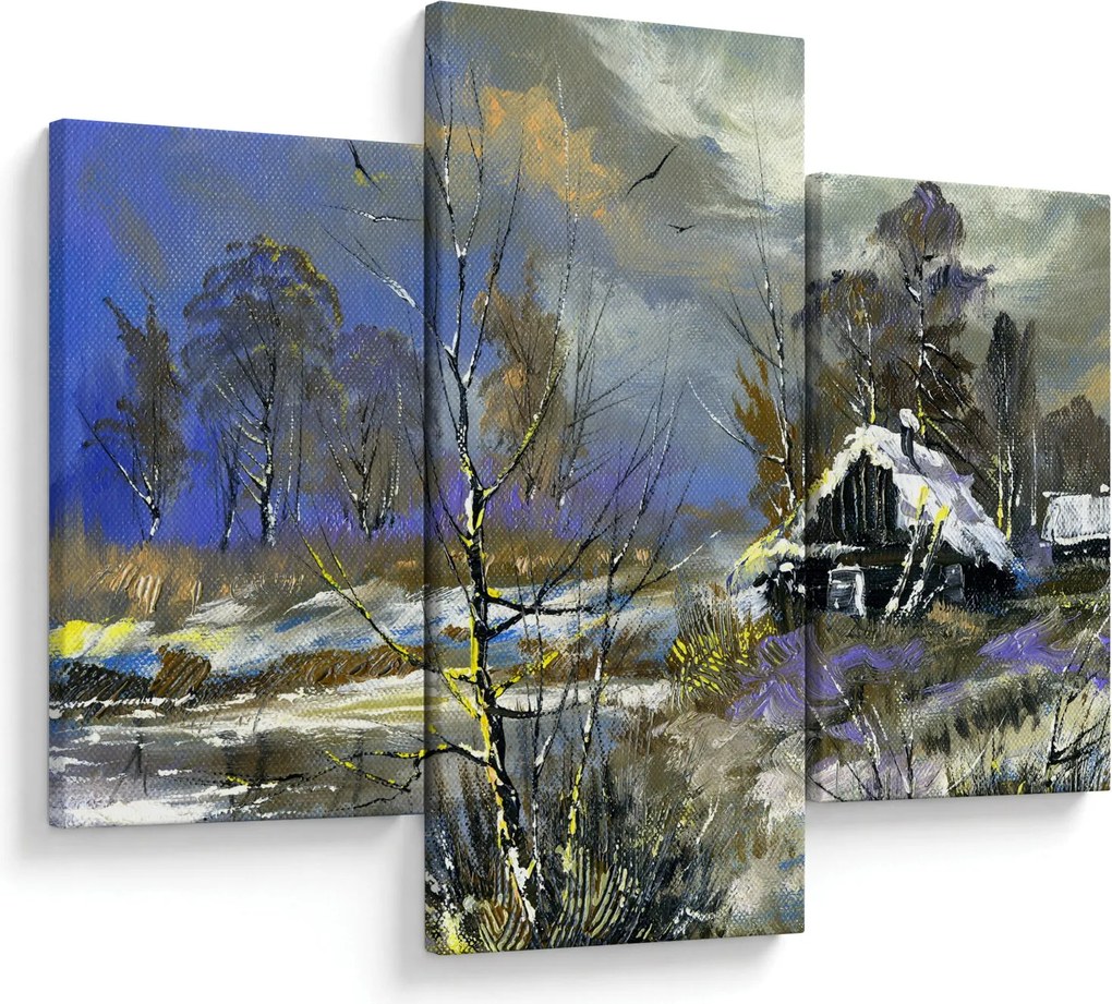 Tablou -Cabane într-un peisaj de iarnă, pictură în ulei (90x60 cm)
