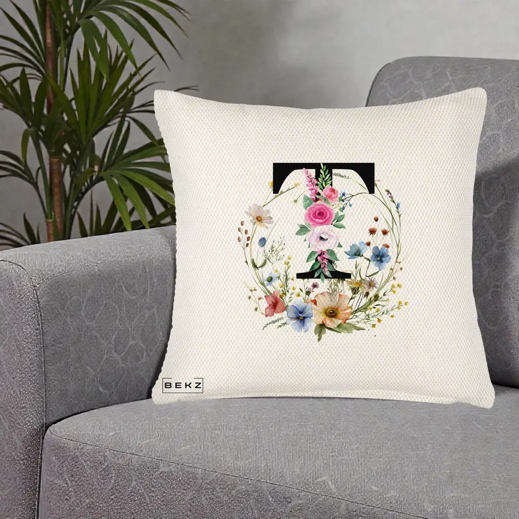 Cadou Personalizat - Perna Personalizata Monogram Litera T cu Flori Acuarela, 40x40 cm, Crem Reliefat, Husa Detasabila, Perna Inclusa, BEKZ®