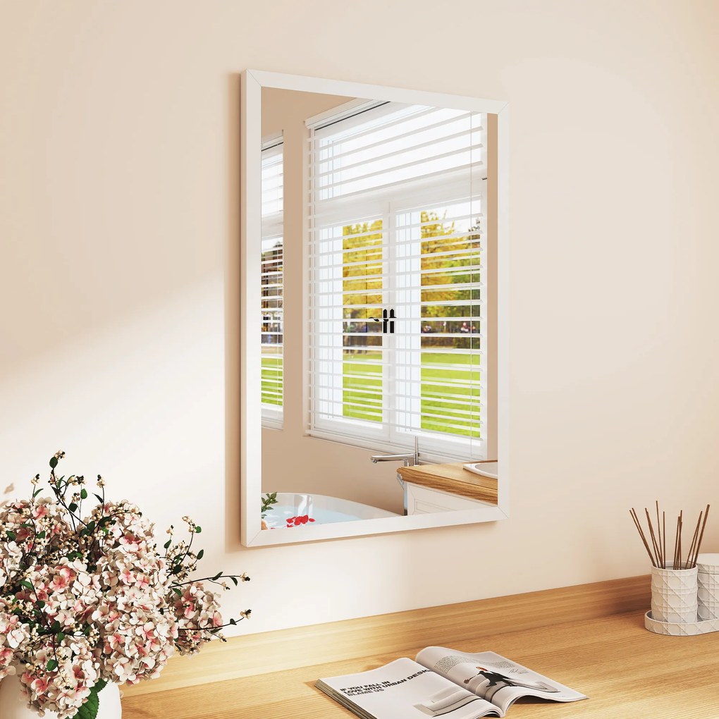 HOMCOM Oglindă de perete dreptunghiulară 60 x 40 cm, ramă din lemn alb, ideală pentru baie, living sau dormitor | Aosom Romania