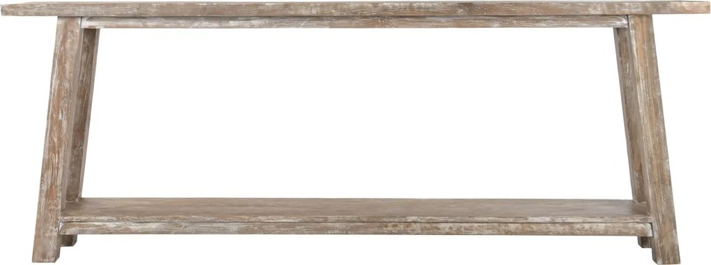 Consolă hol în stil etnic, din lemn de tec reciclat, natur, cu raft jos și picioare înclinate, finisaj patinat, 90 x 240 x 46 cm, „Granville”