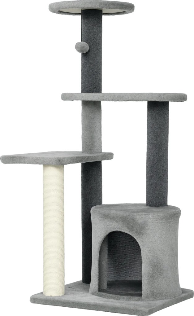 PawHut Ansamblu de joacă pentru pisici, multe niveluri cu stâlpi de sisal și Căsuță, 104cm,  Gri | Aosom Romania